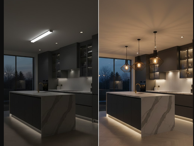 Avant / après : l’impact de l’éclairage sur une cuisine rénovée