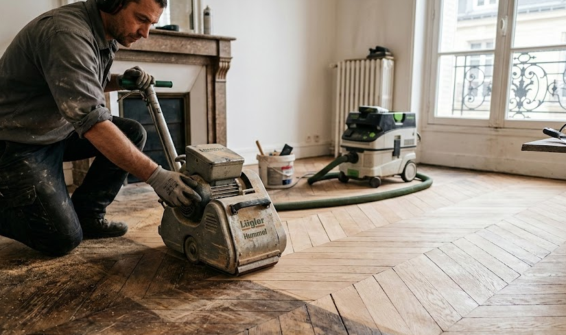 Rénovation parquet en chêne noirci par l&rsquo;humidité
