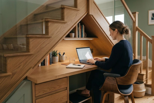 Lumière, rangements : tout savoir sur le bureau sous l&rsquo;escalier