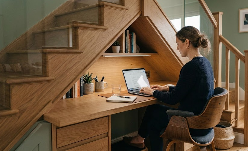 Lumière, rangements : tout savoir sur le bureau sous l&rsquo;escalier